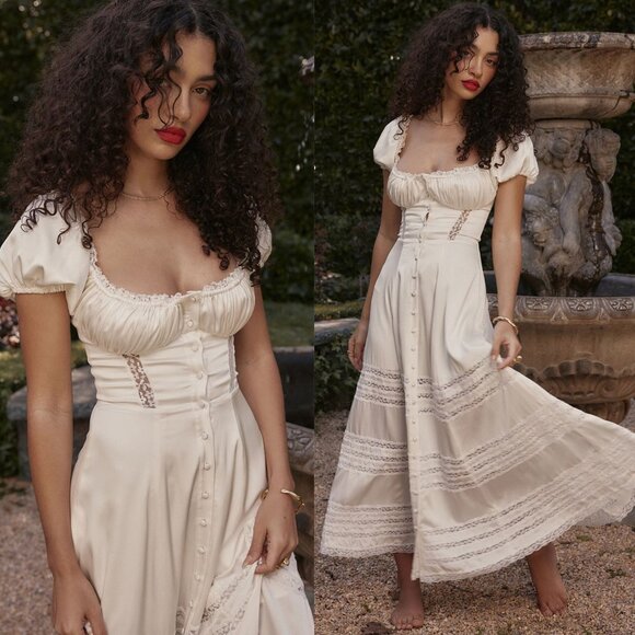 House of CB Eviana Ivory Real Silk Lace Puff Sleeve Maxi Dress - Picture 17 of 17